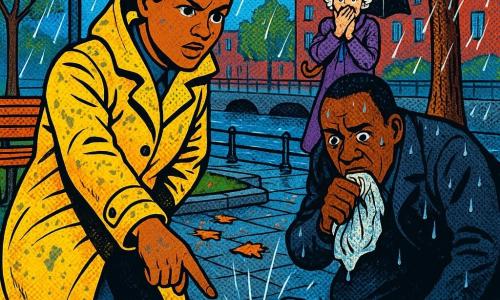 Vrouwelijke detective met geconcentreerde blik en bruine haarbos in een knot, felgele regenjas bevlekt door regen wijzend naar een glanzende bronzen medaille met blauw-gele lint op het natte trottoir; man van ongeveer 40, schuldig en paniekerig, donkere drijvende jas, knielt met een gekreukt plastic zakje terwijl de medaille valt; buurvrouw van circa 70, verrast met handen voor de mond en slecht vastgehouden paraplu bij een bank op de achtergrond; kleine stadspark aan een gracht met metalen lantaarn, houten banken en natte grijze kasseien met reflecties; confrontatie onder de regen na een achtervolging, dynamische compositie, verzadigde kleuren, hoge contrasten en zichtbare texturen (regen, metaal, steen, stof).