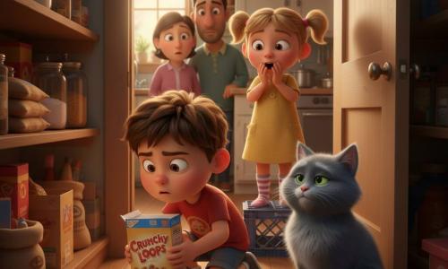 A 10-year-old boy with a round face and short tousled brown hair, focused and curious with big bright eyes, crouches in a small cluttered pantry by a low hole in the baseboard holding an open cereal box and inspecting small traces of flour; his 6-year-old sister with blonde pigtails and mismatched socks stands behind on a plastic crate, surprised and delighted with hands to her mouth; a gray cat named Biscuit with soft fur and half-closed green eyes sits near the pantry door, tail curled around its paws, while the parents stand in the kitchen doorway watching, the scene lit by warm light with crumbs and a thin trail of flour leading to the hole — the boy-detective has discovered a small cereal thief.