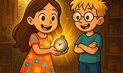 Ein 8-jähriges Mädchen, Leni, mit langen braunen Haaren und neugierigen Augen, steht lächelnd und erstaunt im Mittelpunkt des Bildes, während sie eine alte silberne Uhr hält, die im Licht glänzt. Sie trägt ein buntes Blumenkleid und Sandalen. Neben ihr steht ihr Freund Jonas, ein 8-jähriger Junge mit zerzausten blonden Haaren und runden Brillen, der die Uhr mit einem aufgeregten Gesichtsausdruck betrachtet, die Arme verschränkt, auf einem Holzboden. Im Hintergrund befindet sich eine alte Werkstatt, gefüllt mit Metallwerkzeugen, Holzplanken und Staub, der in der Luft schwebt, während Sonnenstrahlen durch ein schmutziges Fenster filtern. Holzregale sind mit Kisten und alten geheimnisvollen Gegenständen beladen. Leni und Jonas haben gerade eine Zeitreise ausgelöst, indem sie auf die Uhr gedrückt haben, und ein goldener, funkelnder Lichtschein umgibt sie, was eine magische und faszinierende Atmosphäre schafft.