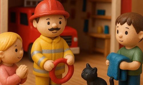 Un pompier zâmbitor, față rotundă, mustață subțire, cască roșie lucioasă și geacă galbenă cu benzi argintii pliază ușor un furtun roșu mic; un băiat de circa 6 ani cu păr scurt brun și ochi mari ține o pătură albastră și privește de la dreapta; o fetiță de circa 5 ani cu o împletitură blondă, mâinile împreunate, stă la stânga și aplaudă ușor; un pisoi negru se strecoară pe o bancă de lemn lângă pompier, coada ridicată, curios; decorul e un garaj de pompieri din lemn vopsit roșu și alb, ușa mare întrețesută, camion roșu cu scară, rafturi cu unelte colorate; scena surprinde un moment liniștit după intervenție: jucăriile-pompieri strâng echipamentul, copiii privesc cu admirație, lumină caldă de seară, atmosferă pașnică și sigură.