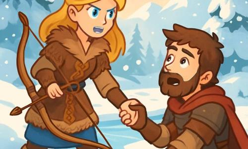 Freya, una joven vikinga de cabello dorado y ojos azul océano, se encuentra orgullosamente al borde de un arroyo helado, su rostro decidido y valiente iluminado por la luz de la mañana. Lleva una túnica de piel marrón, adornada con motivos nórdicos, y sostiene un arco de madera tallada, lista para enfrentar el desafío que la espera. A su lado, Bjorn, un joven de 25 años con cabello castaño y barba desaliñada, mira a Freya con sorpresa y respeto. Viste una armadura de cuero y una capa roja, y parece dudoso, como si comprendiera el valor del honor. El lugar es un hermoso Bosque Congelado, donde árboles majestuosos cubiertos de nieve brillante se elevan a su alrededor. Copos de nieve caen suavemente, creando una atmósfera mágica y pacífica, mientras montañas nevadas se perfilan en el horizonte bajo un cielo pastel. La escena principal muestra a Freya extendiendo la mano para ayudar a Bjorn, que está atrapado en la nieve, ilustrando un momento de elección entre la competencia y la amistad. Las expresiones en sus rostros capturan la tensión y determinación de este momento crucial.