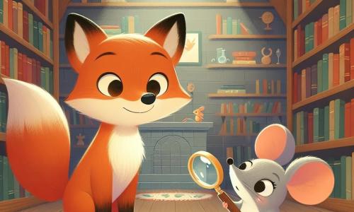 Un pequeño zorro de ojos brillantes y curiosos, con pelaje naranja vivo y una pequeña cola esponjosa, está en el centro de la biblioteca, observando atentamente una huella misteriosa en el suelo, con su rostro expresando sorpresa y emoción. A su lado, una pequeña ratón gris con grandes orejas y una sonrisa traviesa, que lleva una lupa de madera, observa la huella con interés, sus ojos brillando de curiosidad. En el fondo, estanterías de madera llenas de libros coloridos, luces suaves iluminando el espacio, y una alfombra mullida con motivos de cuentos de hadas crean una atmósfera cálida y acogedora. La escena principal muestra a Zorrito y su amiga la ratón en plena investigación, buscando pistas para resolver el misterio de la huella dejada en la biblioteca.