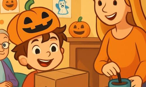 Un bambino di 4 anni, Tommaso, con capelli castani in disordine e un grande sorriso, indossa un adorabile cappellino a forma di zucca. Porta un grande cartone misterioso, i suoi occhi brillano di eccitazione e curiosità. Accanto a lui, la mamma, una donna dolce di circa 30 anni con capelli lunghi e biondi, sorride teneramente mentre prepara una tazza di cioccolata calda sul tavolo. In un angolo, la nonna, una donna anziana con occhiali e capelli grigi, è seduta su una poltrona comoda, circondata da cuscini colorati, guardando Tommaso con orgoglio. La scena si svolge in un salotto accogliente, decorato con ghirlande luminose arancioni e zucche sorridenti. I muri sono adornati con disegni di Halloween e una luce soffusa illumina la stanza. Al centro, Tommaso, con il suo cartone, sembra pronto a rivelare un segreto magico. L'atmosfera è gioiosa e leggermente misteriosa, piena di risate e calore familiare.