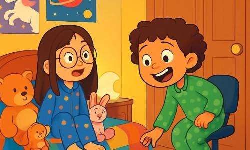 Ci sono due personaggi principali: Luna, una ragazza di 8 anni con lunghi capelli castani e occhiali rotondi, indossa un pigiama blu con stelle dorate ed è seduta sul suo letto circondata da peluche. Giada, una ragazza di 8 anni con capelli corti e ricci, indossa un pigiama verde a pois, è su una sedia a rotelle, sorridente e si piega in avanti con entusiasmo. La scena si svolge nella camera di Luna, decorata con poster colorati di unicorni e pianeti. Il letto è coperto da una coperta patchwork e un grande armadio di legno si trova in un angolo, circondato da luci scintillanti. Peluche di tutte le dimensioni sono sparsi sul pavimento e una dolce luce proviene da una lampada a forma di luna. La situazione principale mostra Luna e Giada che scoprono una misteriosa lettera colorata che scivola sotto la porta; sono incuriosite ed entusiaste, pronte a vivere un'avventura magica nell'armadio, con espressioni di sorpresa e gioia sui loro volti.