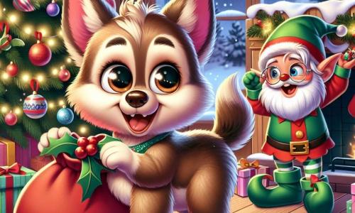 Un pequeño lobo llamado Lolo, con un pelaje suave y marrón, y grandes ojos llenos de curiosidad, está frente a un árbol de Navidad decorado con guirnaldas brillantes y bolas de colores. Sonríe con asombro, con las orejas erguidas, listo para descubrir las sorpresas escondidas. A su lado, un duende travieso, con barba blanca y un gorro rojo puntiagudo, se ríe, sus ojos brillando de malicia. Se esconde detrás del árbol, sosteniendo un pequeño regalo, listo para hacer una nueva broma. La escena se desarrolla en una sala acogedora, con paredes de madera, una chimenea crepitante y calcetines de Navidad colgados. Copos de nieve caen suavemente afuera, añadiendo un toque mágico a la atmósfera. Lolo y el duende están en plena búsqueda de regalos, Lolo levantando un cojín con entusiasmo, mientras el duende se esconde riendo, creando un ambiente alegre y festivo.