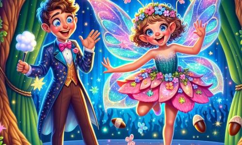 A sparkling fairy with shimmering wings in bright pink and blue dances joyfully on stage, a big smile illuminating her face. Her curly hair is adorned with small colorful flowers, and she holds a cloud-shaped rattle in her hands, radiating energy. Next to her, a clumsy magician, a young man around 20, wears a midnight blue costume with golden stars. He looks surprised and amused, arms raised as if he just performed an unexpected magic trick. The setting is an enchanting theater inside a large oak tree, with green velvet curtains and firefly lanterns lighting up the stage. Polished acorn seats surround the stage, and bursts of light dance around them. The fairy sings a magical note, surrounded by laughter and applause, while sock-shaped confetti falls from the sky, creating a joyful and festive atmosphere.