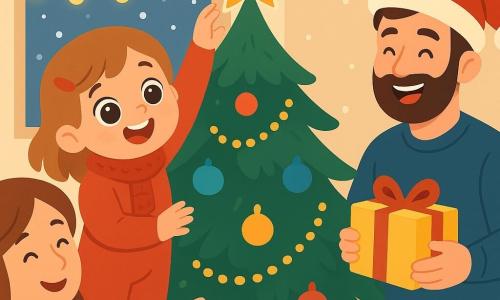 Een 2-jarig meisje genaamd Linde, met grote glanzende ogen en een stralende glimlach, draagt een mooie rode overall en een kleine wollen sjaal. Ze is bezig met het versieren van een kerstboom, haar armen opheffend van opwinding om een schitterende ster bovenop de boom te plaatsen. Naast haar moedert, een zachte vrouw van ongeveer 30 jaar met kastanjebruin haar en een groene trui, die haar aanmoedigt met een warme glimlach, terwijl ze een kleurrijke slinger vasthoudt die ze klaar is om op te hangen. Iets verderop lacht haar vader, een joviale man van ongeveer 32 jaar met een lichte baard en een kerstmuts, terwijl hij een glanzend cadeau vasthoudt, klaar om het aan Linde te geven. De scène speelt zich af in een knusse woonkamer, vol met fonkelende lichten, met een grote kerstboom versierd met gekleurde ballen en gouden slingers, en een open haard waar een warm vuur knettert. Sneeuwvlokken vallen zachtjes naar buiten, wat een magische toets aan de sfeer toevoegt. Linde, vol vreugde, plaatst de ster op de boom, haar ogen sprankelend van geluk, terwijl haar familie haar omringt, lachend en knuffelend in deze feestelijke kerstsfeer.