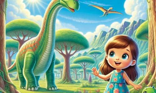 Im Zentrum des Bildes steht ein 8-jähriges Mädchen namens Mia mit langen braunen Haaren und neugierigen Augen, fasziniert vor einem großen, majestätischen Brachiosaurus. Sie trägt ein buntes Kleid mit Blumenmustern und hat ein breites Lächeln im Gesicht, das ihre Aufregung über diese unglaubliche Entdeckung zeigt. Neben ihr steht Tim, ein kleiner grüner Dinosaurier mit großen runden Augen und einem freundlichen Lächeln, der sie ermutigt, indem er eine Pfote hebt, als würde er ihr den Weg zeigen. Er hat ein sanftes und freundliches Aussehen, mit glänzenden Schuppen, die in der Sonne funkeln. Die Szenerie ist eine weite prähistorische Wiese, gefüllt mit großen Bäumen und üppigen Farnen, unter einem strahlend blauen Himmel mit ein paar fluffigen Wolken. Im Hintergrund sind andere Dinosaurier zu sehen, die friedlich umherziehen, was zur magischen Atmosphäre dieser alten Welt beiträgt. Die Hauptsituation zeigt Mia und Tim, die den Brachiosaurus beobachten, der sich vorbeugt, um Blätter von einem riesigen Baum zu fressen, während Mia, mit weit aufgerissenen Augen vor Staunen, bereit ist, einen Schritt nach vorne zu machen und diese faszinierende Welt zu erkunden.