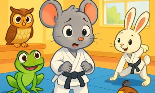 Milo, een kleine muis met een zachte grijze vacht en nieuwsgierige sprankelende ogen, draagt een witte judopak dat licht om hem heen zweeft. Hij ziet er zowel nerveus als vastberaden uit, terwijl hij op de blauwe tatami staat, klaar om te trainen. Suzy, een levendige groene kikker met grote ronde ogen en een bemoedigende glimlach, springt vrolijk naast hem, met haar achterpoten gebogen, klaar om te springen. Oscar, een uil met bruin en witte veren, zit op een hoek van de tatami en kijkt aandachtig met een wijze en geconcentreerde blik. Felix, een klein wit konijn met grote oren, strekt zich aan de andere kant van de tatami uit, met een zelfverzekerde glimlach. De locatie is een lichte sportschool met gele muren en ramen die zonlicht binnenlaten, waardoor de blauwe tatami verlicht wordt waar de dieren samen trainen. De belangrijkste situatie toont Milo, die een beetje aarzelend is, zich voorbereidend op een team judo-oefening, omringd door zijn vrienden die hem enthousiast aanmoedigen, wat een sfeer van kameraadschap en steun creëert.