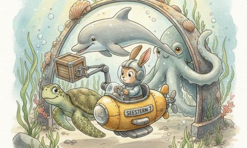 Ein kleiner mechanischer, neugieriger Hase (Milo), konzentriert und entschlossen, sitzt im abgenutzten gelben Mini-U-Boot „SEESTERN 7“, hält das Steuer, die Ohren flach am leichten Helm und hat mit einem Gelenkarm eine Metallkiste gegriffen; eine freundliche Meeresschildkröte (Taro) schwimmt langsam daneben, mit grün-braun strukturierter Panzerung und stützt das Gefährt, ein schelmischer, silbrig glänzender Delfin (Luma) schiebt mit der Schnauze sanft an einer Kiste oder einer Leine hinter dem U-Boot, ein großer neugieriger Oktopus, dessen Haut grau-blau schimmert, legt schlanke Arme an die Glaskuppel und räumt Sand aus dem Eingangsbereich; Schauplatz: ein Wrackfeld auf hellem Sand mit Felsen und langen grünen Algen, eine große Glas-Metall-Kuppel bedeckt mit Algen und Muscheln, Sonnenstrahlen durch das Wasser; Situation: das U-Boot hat gerade eine Ersatzteilkiste vor der Depotkuppel geborgen, Stimmung von kontrollierter Anspannung und Zusammenarbeit, sichtbare Rostdetails, feine Luftblasen und deutliche Algenstrukturen.
