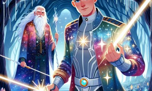 In the center of the image, the main character, Captain Orion Starbeam, is a man in his thirties with silver hair and bright eyes like stars. He wears a shimmering spacesuit adorned with galactic patterns and has a determined, brave expression as he wields his laser sword, ready to defend the heart of Zephyra. Next to him, Eldrin, an elderly human wizard around 70 years old, has a long white beard and flowing robes in the colors of galaxies. He raises his magic wand, casting a luminous spell while standing slightly back, carefully observing the scene. The setting takes place in an enchanted forest of Zephyra, with silver-trunked trees and shimmering leaves that sparkle like emeralds under a starry sky. In the background, a mysterious cave emits a golden glow, housing the precious heart of Zephyra. The main action shows Captain Orion and Eldrin in a battle against Malakar, an evil sorcerer, whose dark shadow looms at the cave entrance. Magic flashes and beams of light cross the air, creating a dynamic and thrilling atmosphere while the forest sparkles around them.