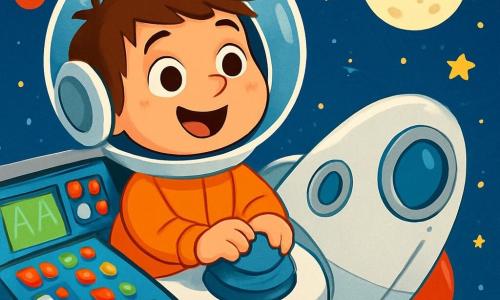 Un niño llamado Pablo, de 6 años, lleva un casco espacial brillante y una sonrisa maravillada. Tiene el cabello castaño desordenado y ojos que brillan de alegría. Pablo está sentado en una nave espacial, con las manos sobre un gran botón azul, listo para despegar. A su lado, la nave espacial, con un casco plateado y ventanas redondas, vibra suavemente, lista para volar. En la cabina, se puede ver un panel de control colorido con muchos botones luminosos. Fuera, un cielo estrellado se extiende a la vista, salpicado de planetas de colores vivos, como una gran bola roja y otra verde. La luna, redonda y brillante, flota majestuosamente en el espacio. La escena principal muestra a Pablo, emocionado, preparándose para despegar hacia las estrellas, mientras la nave emite un suave zumbido, lista para llevarlo en una increíble aventura espacial.