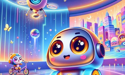 En el centro de la imagen, un pequeño robot llamado Rayo, que se asemeja a un adorable carrito con ojos redondos y brillantes, expresa gran curiosidad y emoción. Está presionando un gran botón rojo en una mesa, rodeado de luces centelleantes y botones coloridos. A su derecha, Droncito, un pequeño dron con alas translúcidas y una sonrisa alegre, flota en el aire, observando a Rayo con admiración. A la izquierda, Bicicleta, un robot bicicleta con ruedas coloridas y una cara sonriente, hace piruetas de alegría en el suelo, añadiendo dinamismo a la escena. El decorado es una sala futurista llena de paredes luminosas, paneles holográficos y una gran pantalla que muestra imágenes de la ciudad de Lumivilla, con árboles coloridos y mariposas brillantes volando alrededor. La situación principal muestra a Rayo desencadenando un proyecto mágico que transforma Lumivilla, con destellos de luz y colores vivos que iluminan la escena, simbolizando la belleza y la alegría que surgen de su acción.