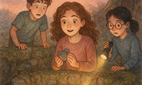 A 12-year-old girl with curly chestnut hair and sparkling green eyes, awe-struck and determined, drops a small stone heart into an old ivy-covered stone well; an about-11-year-old boy with messy brown hair and a surprised smile grips the well's edge to the left, eyes fixed on the glow; an about-11-year-old girl with black hair in a ponytail and round glasses, focused and curious, stands slightly back to the right holding a flashlight that illuminates mossy stones; a twilight clearing with golden grass, gnarled roots and spiderwebs glittering in the sunset under a pink-purple sky; the stone heart sends a thin beam of golden light that opens a secret entrance beneath the roots — a magical discovery scene in a tight composition with soft watercolor colors.