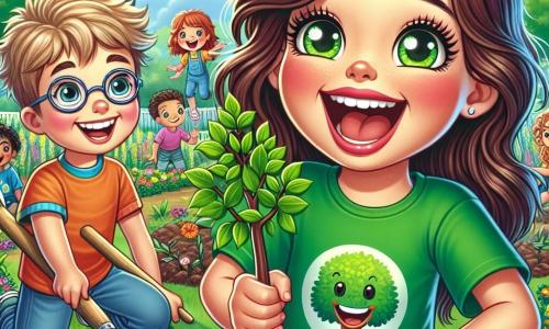 Una ragazza di 10 anni, Sofia, con lunghi capelli castani e occhi verdi pieni di curiosità, sorride gioiosamente mentre pianta un piccolo albero in un terreno fertile. Indossa una maglietta verde con un logo di albero sorridente, e le sue guance sono leggermente arrossate dall'emozione. Accanto a lei, un ragazzo di 10 anni, Lucas, con capelli biondi arruffati e occhiali tondi, tiene una pala e la incoraggia con un grande sorriso, mostrando il suo entusiasmo per il progetto. Sullo sfondo, un gruppo di bambini della classe, tutti vestiti con magliette colorate, si dedica a piantare fiori e a annaffiare le giovani piantine. Il luogo è un giardino scolastico vibrante di colori, con alberi verdi, fiori brillanti di tutte le tonalità e un cielo blu chiaro punteggiato di nuvole bianche e soffici. La scena principale mostra Sofia e i suoi amici in azione, uniti nella loro missione di piantare alberi e creare un giardino, con risate e grida di gioia che riempiono l'aria, simboleggiando il loro impegno per la protezione della natura.