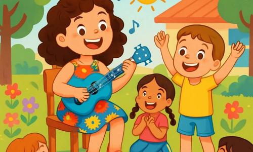 Sofía, una niña con cabello castaño y rizado, lleva un vestido colorido con motivos de flores. Tiene una gran sonrisa y ojos brillantes de emoción. Está sentada en una silla de madera, sosteniendo un ukelele azul brillante y cantando con entusiasmo. A su lado, Ana, una niña de 7 años con trenzas, lleva una camiseta rosa y jeans. Aplaude con una gran sonrisa, los ojos abiertos de felicidad. Lucas, un niño de 8 años con zapatos rojos, está de pie, levantando los brazos, listo para cantar con Sofía. El lugar es un patio escolar soleado, rodeado de árboles verdes y flores coloridas. Niños están sentados en círculo alrededor de ellos, todos sonriendo y cautivados por la música. La situación principal muestra a Sofía y los niños cantando juntos una canción alegre sobre los animales y la amistad, creando una atmósfera festiva y llena de risas.