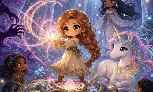 Elara, a young woman with a round smiling face and long auburn braids, holds the glowing Dreamstone that emits pink and gold light at the center of a sacred forest glade; Luna, the dream guardian in a silver moon-thread dress, floats slightly behind, while a majestic pearly white unicorn with a rainbow mane and golden horn lies protectively by a root altar; towering silver trees, coiled roots forming a circle, bioluminescent turquoise flowers, drifting fireflies and moonbeams create a magical scene as the Dreamstone’s spiraling light pushes back a receding violet shadow, in vivid pastel colors with soft contrasts.