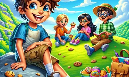 A 12-year-old boy, Max, with messy brown hair and a mischievous smile, is sitting on a large rock at the top of a green hill. His eyes sparkle with excitement and joy. He wears a faded blue t-shirt and khaki shorts, with a backpack full of snacks beside him. Next to him, Priya, a 12-year-old girl with long black hair and round glasses, is looking at a notebook with a focused expression, sitting cross-legged and surrounded by cookie crumbs. Ollie, a 12-year-old boy with lopsided glasses and a straw hat, is standing and juggling colorful muffins, grinning widely. In the background, the hill is dotted with majestic trees, and the sky is bright blue with fluffy white clouds. The scene exudes a joyful and playful atmosphere as the friends celebrate their chaotic picnic, filled with laughter and camaraderie.