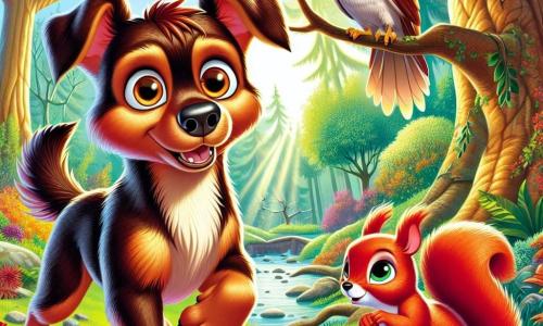 A shiny brown dog named Jasper stands in the center of the scene, his amber eyes sparkling with excitement and determination. With his ears perked up and tail wagging, he is ready for adventure. Beside him, a small red squirrel named Ruby, with silky fur and a bushy tail, climbs a branch, curiously observing the path ahead. In the background, a wise owl named Oliver, with cream-colored feathers and large golden eyes, perches on a branch, attentively watching the scene. The setting is an enchanted forest, with majestic trees, vibrant green leaves, and sunlight filtering through the foliage. Colorful flowers dot the ground, and a nearby stream sparkles, adding a touch of magic to the environment. The main situation shows Jasper and his friends preparing to gather all the animals of the forest for a big party under the Great Oak, to save their home and celebrate friendship.