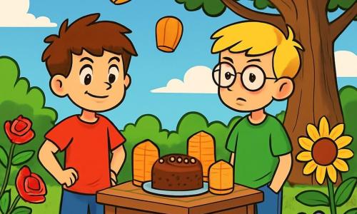 There are two main characters: Oliver, an 11-year-old boy with messy brown hair and sparkling eyes, wearing a red t-shirt and blue shorts, standing on the left, smiling with a determined look; and Jake, also 11, with blonde hair and round glasses, wearing a green t-shirt and jeans, standing to the right of Oliver with his hands in his pockets, wearing a thoughtful expression. The main setting is a sunny, beautiful garden filled with colorful flowers like red roses, yellow sunflowers, and delicate violets. In the center, a large wooden table is adorned with chocolate cakes and paper lanterns, ready for a celebration. In the background, a large oak tree provides shade with its majestic branches. The main situation shows Oliver and Jake gathered around the table, sharing joyful memories of Jake's grandmother, laughing together with friends and family, while lanterns slowly rise into the blue sky, symbolizing love and remembrance.