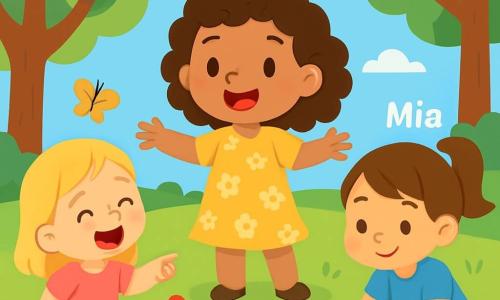 Há 3 personagens: - Luna: uma menina de 6 anos com cabelos castanhos e cacheados, vestindo um vestido amarelo com flores. Ela está no centro, sorrindo, com os braços abertos. - Sara: uma menina de 5 anos com cabelos loiros e lisos, vestindo uma camiseta rosa e um short jeans. Ela está à esquerda de Luna, rindo e apontando para uma bonita flor. - Mia: uma menina de 6 anos com cabelos castanhos e um rabo de cavalo, vestindo um vestido azul. Ela está à direita de Luna, agachada tocando a grama verde. O cenário é um parque ensolarado, cheio de flores coloridas, grandes árvores com folhas verdes e um céu azul claro. É possível ver borboletas voando ao redor das flores e um banco de madeira sob uma árvore. A cena principal mostra as três meninas brincando juntas no parque, rindo e se divertindo, cercadas pela natureza, com expressões de alegria em seus rostos.