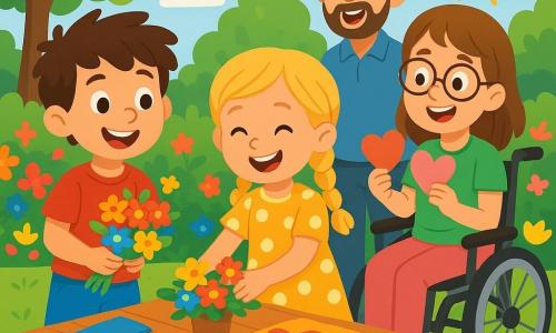 Há 3 personagens: - Tomás: um menino de 7 anos com cabelo castanho bagunçado e olhos brilhantes. Ele veste uma camiseta vermelha e um short azul, está de pé à esquerda segurando um buquê de flores coloridas. - Sofia: uma menina de 6 anos com cabelo loiro trançado e um sorriso radiante. Ela usa um vestido amarelo com bolinhas e está no centro arrumando flores em uma mesa. - Inês: uma menina de 8 anos, sentada em uma cadeira de rodas, com cabelo castanho e óculos. Ela usa uma camiseta verde e calças rosas, está à direita segurando corações de papel que desenhou. O local é um jardim ensolarado, cheio de flores vibrantes. Uma grande mesa de madeira está decorada com flores, toalhas coloridas e corações de papel. Raios de sol filtram através das folhas das árvores, criando uma atmosfera alegre e acolhedora. A cena principal mostra as crianças preparando uma surpresa para o dia dos pais, com sorrisos radiantes e um clima de alegria. Os pais chegam, surpresos e felizes, diante da linda mesa decorada.