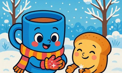 Una taza azul con un corazón rojo, llamada Azulita, se encuentra alegremente en medio de un jardín nevado, con ojos brillantes de curiosidad y una gran sonrisa en su rostro. Lleva guantes de lana coloridos y frota sus manos, dejando escapar pequeñas estrellas brillantes. A su lado, un panecillo dorado, llamado Panecillo, tiene una expresión de alivio y felicidad, con mejillas rosadas y ojos brillantes. Está recogiendo copos de nieve con sus pequeñas manos, mientras se mantiene cerca de Azulita, compartiendo un momento de amistad. El jardín está cubierto de una espesa capa de nieve blanca, con árboles cuyas ramas están cargadas de escarcha brillante. Copos de nieve caen suavemente del cielo azul claro, creando una atmósfera mágica y pacífica. La escena principal muestra a Azulita y Panecillo, unidos en su aventura invernal, jugando en la nieve mientras se apoyan mutuamente, rodeados de un paisaje invernal de ensueño.