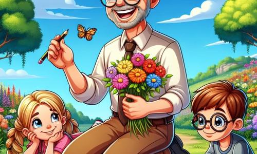 Mr. Wilson is a cheerful teacher in his forties with slightly graying brown hair and round glasses. He is warmly smiling, holding a book in one hand and showing colorful flowers with the other, surrounded by his students. Lily, a seven-year-old girl with long braided blonde hair, is sitting on the ground, focused on her sketchbook, drawing flowers with colored pencils. Next to her, Oliver, a shy seven-year-old boy with brown hair and glasses, is holding an acorn in his hands, his eyes sparkling with excitement. The setting is the beautiful Maplewood Nature Reserve, featuring majestic trees with vibrant green leaves, brightly colored wildflowers, and a clear blue sky dotted with fluffy white clouds. The scene depicts Mr. Wilson explaining the beauty of nature to the children as they explore the wonders of the world around them, creating a joyful and inspiring learning moment.