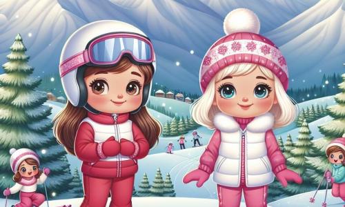 En un paisaje invernal encantador, dos chicas de diez años, Ana y Sofía, están en la cima de una colina nevada. Ana, con cabello castaño y ojos brillantes, lleva un traje de esquí rojo vivo y un casco blanco, lista para bajar la pendiente. A su lado, Sofía, con cabello rubio y ojos azules, viste un traje de esquí rosa y un gorro con pompón, sonriente y alentadora. Su entorno está lleno de majestuosas montañas cubiertas de nieve brillante bajo un cielo azul claro, con abetos verdes emergiendo de la nieve. Abajo en la colina, niños ríen y se divierten, creando una atmósfera alegre y dinámica. La escena captura el momento en que Ana se prepara para esquiar por primera vez en una competencia, con una mezcla de emoción y nerviosismo, mientras Sofía la anima con entusiasmo, simbolizando la amistad y el apoyo en el deporte.