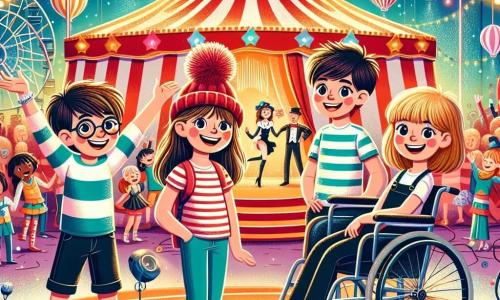 En un circo colorido y animado, cuatro amigos están en el centro del escenario. Sofía, una niña de 8 años con una gorra roja con pompón y cabello castaño, sonríe emocionada. A su derecha, Clara, una niña de 9 años en silla de ruedas, con gafas y cabello rubio, mira con asombro. A la izquierda, Tomás, un niño de 8 años con cabello negro desordenado y una camiseta a rayas, hace un gesto dramático como si fuera un actor de circo. Finalmente, Lucas, un niño de 7 años con cabello castaño y una sonrisa traviesa, señala un gran cartel del circo. El decorado está lleno de colores vivos: carpas a rayas rojas y blancas, luces centelleantes y globos flotantes. Al fondo, artistas con trajes llamativos se preparan para el espectáculo, mientras un gran carpa se erige majestuosamente. La situación principal muestra a los amigos descubriendo a un mago, el Mago Estrellado, que ha perdido su varita mágica. Están juntos, listos para ayudarlo en una búsqueda llena de magia y aventuras, rodeados de un mundo de ensueño y alegría.
