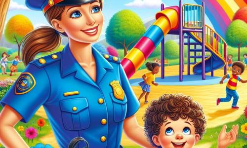 Uma policial sorridente, de cerca de 30 anos, veste um uniforme azul vivo e um grande chapéu combinando. Ela tem cabelos castanhos presos em um rabo de cavalo e olhos brilhantes de determinação. Ela está em pé em um parque, com os braços abertos, pronta para ajudar. Ao seu lado, um menino de 6 anos, chamado Pedrinho, tem cabelos cacheados e usa uma camiseta vermelha. Ele olha para cima com um sorriso feliz, segurando seu ursinho de pelúcia nos braços. O parque está cheio de árvores verdes, flores coloridas e um grande escorregador multicolorido. Crianças brincam ao fundo, rindo e se divertindo. A policial e Pedrinho estão sob uma árvore, onde o menino acaba de encontrar seu ursinho, com a ajuda de um passarinho que voa alegremente ao redor deles.