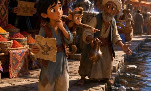 A boy named Aladdin, round-faced with curious eyes, smiling yet pensive, holds a crumpled poster showing a lamp; he wears a faded blue tunic, a rust vest and dusty sandals, and looks toward the water with a hand on his chin; a small monkey named Abu, light brown with bright eyes, perches on his left shoulder, mischievous and protective, pointing at the river; an old water seller (about 60), wrinkled with a short gray beard, holds a copper jug near a stone fountain and points to trash on the bank, worried; a strange man in a shiny coat (about 40), blistered and sly, stands in a tent shadow holding a box with a lamp drawn on it and watches; the scene is a bustling riverside market—uneven cobbles, baskets of red-orange spices, colorful rugs, a splashed circular stone fountain, and a bank strewn with bottles and paper on dark water—Aladdin faces a dramatic choice between the promise of a magic lamp and the reality of a polluted river, emphasized by warm market light and cold shadows toward the shore.