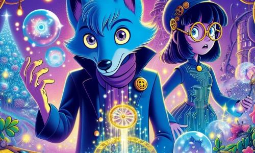 Lupin, um pequeno lobo de pelos azul brilhante e olhos cheios de curiosidade, está no centro da cena, com uma expressão determinada e um pouco preocupada, segurando seu Relógio do Tempo que emite bolhas de sabão cintilantes. À sua direita, Mirabótica, uma bruxa-cientista com óculos em forma de engrenagens e um vestido feito de circuitos luminosos, observa Lupin com uma expressão de preocupação, seus cabelos bagunçados flutuando ao seu redor como fios de ferro. O cenário é uma paisagem fantástica onde magia e tecnologia se encontram: árvores com troncos de metal brilhante, flores que emitem faíscas e um céu roxo salpicado de estrelas cintilantes. Ao longe, uma imensa máquina entrelaçada de fios e luzes piscantes, a Máquina do Destino, se ergue, cercada por nuvens de vapor colorido. A situação principal mostra Lupin e Mirabótica decifrando um mapa holográfico que flutua diante deles, enquanto relâmpagos de magia e circuitos elétricos dançam ao seu redor, simbolizando a mistura de seus mundos.