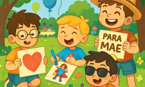 Há 4 crianças: - Lucas: um menino de 8 anos, com cabelo castanho bagunçado e óculos redondos. Ele segura um lápis de cor e um cartão onde desenhou um coração gigante. - Pedro: um menino de 8 anos, com cabelo loiro e um grande sorriso. Ele usa uma camiseta azul e desenha uma mãe super-heroína em uma folha de papel. - Rafa: um menino de 8 anos, com cabelo negro e óculos de sol. Ele está sentado no chão, cercado de doces e bolos, desenhando um enorme bolo com velas. - Tomás: um menino de 8 anos, com cabelo castanho e um chapéu de palha. Ele está em pé, segurando um cartão com uma mensagem engraçada para sua mãe, enquanto ri com os amigos. O local é um parque ensolarado, cheio de flores coloridas e grandes árvores verdes. Balões flutuam no ar e famílias se reúnem em torno de mesas decoradas com guirlandas. Ao longe, pode-se ver uma barraca de bolos e bebidas geladas. A situação principal mostra os quatro amigos criando cartões para o Dia das Mães, cercados de risos e alegria, trocando ideias divertidas e desenhando juntos, com cores vibrantes em seus cartões.