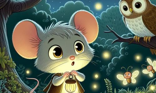 An illustration depicts a small mouse boy with soft gray fur and bright eyes, showing a mix of curiosity and apprehension. He holds a small acorn-shaped lantern, lighting his path in the night. Nearby, a wise owl with brown feathers and large round eyes watches the boy kindly from a tree branch, appearing calm and encouraging, ready to share its wisdom. In a corner of the illustration, a family of fireflies sparkles joyfully, their glowing bodies dancing in the dark air, adding a touch of magic to the scene. The main setting is an enchanted forest, where tall trees with twisted trunks rise majestically, their leaves forming a green canopy above. Moonlight filters through the branches, creating dancing shadows on the mossy ground covered with night flowers. The main situation shows the mouse boy, slightly nervous but determined, venturing into the dark forest, guided by the light of his lantern and surrounded by his new glowing friends. Other graphic elements include twinkling stars in the night sky, a light mist floating between the trees, and colorful flowers that bring life to the scene, creating a magical yet reassuring atmosphere.