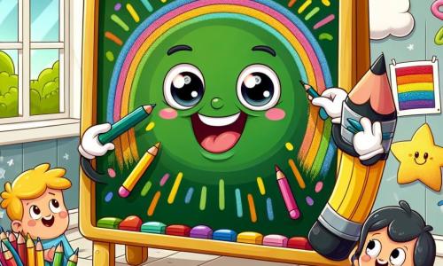 Un pizarrón verde brillante, con una sonrisa alegre y ojos chispeantes, se encuentra en el centro de la escena, rodeado de colores vibrantes. Está dibujando un gran mural con lápices de colores, mostrando su entusiasmo y creatividad. A su derecha, un cuaderno de páginas coloridas, con un rostro sonriente y ojos brillantes, observa con admiración al pizarrón, sosteniendo un lápiz en una de sus manos, listo para añadir dibujos al mural. A su izquierda, un lápiz rápido, con forma alargada y rayas amarillas y negras, está trazando rayos de sol, mostrando una expresión concentrada y decidida. La escena transcurre en un aula luminosa y acogedora, con paredes decoradas con dibujos de arcoíris, estrellas y nubes. Ventanas dejan entrar la luz del sol, iluminando el espacio y creando un ambiente alegre. La situación principal muestra al pizarrón y sus amigos colaborando para crear un hermoso mural colorido, simbolizando su amistad y creatividad, mientras se divierten juntos en su nueva escuela.