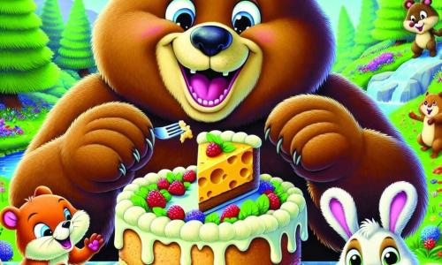 Im Zentrum des Bildes lacht Bruno, ein großer Braunbär mit weichem, zerzaustem Fell, herzhaft, während er ein Stück Käsekuchen in seinen großen Pfoten hält. Links von ihm springt Lenny, ein kleiner, lebhafter Eichhörnchen mit rotem Fell, vor Freude mit erhobenen Pfoten und einem breiten Lächeln. Rechts sitzt Max, ein niedlicher weißer Hase mit großen Ohren, der etwas verlegen, aber lächelnd ein Stück Kuchen knabbert. Im Hintergrund erstreckt sich eine grüne Wiese mit bunten Blumen unter einem strahlend blauen Himmel, umgeben von majestätischen Bäumen und einem glitzernden kleinen Bach. Die Szene zeigt die Freunde, die um einen großen Käsekuchen versammelt sind, lachend und Witze austauschend, und verkörpert die Freude und Kameradschaft ihres Festtages.