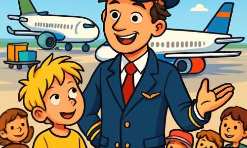 Een man, kapitein Lucas, staat op de tarmac van de luchthaven, glimlachend met fonkelende ogen van vreugde. Hij draagt een marineblauw pilotenuniform, met een rode stropdas en een pet versierd met een gouden vleugel. Zijn bruine haar is lichtjes in de war door de wind, en zijn gezicht straalt enthousiasme uit. Naast hem kijkt een jongen genaamd Mees, ongeveer 8 jaar oud, naar Lucas met verwonderde ogen. Hij heeft rommelig blond haar en draagt een felgeel t-shirt met een vliegtuigtekening. Mees houdt een klein notitieboekje in zijn handen, klaar om alle verhalen van Lucas op te schrijven. Op de achtergrond staat een groep jonge kinderen, jongens en meisjes, in een cirkel om hen heen, allemaal geboeid door het verhaal van de piloot. Sommigen dragen kleurrijke hoeden en anderen houden vliegtuigjes vast. De locatie is een levendige luchthaven, met vliegtuigen in verschillende kleuren op de tarmac, gestapelde koffers en heldere borden. De lucht is helder blauw met enkele donzige witte wolken. De hoofdsituatie toont Lucas die zijn vliegavonturen aan de kinderen vertelt, enthousiast gebarend terwijl hij uitlegt hoe vliegtuigen opstijgen en door de wolken vliegen, terwijl de kinderen aandachtig luisteren, verwonderd door zijn verhalen.