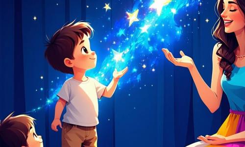 Un niño pequeño de 1 año, llamado Lucas, con grandes ojos curiosos y cabello castaño desordenado, se encuentra en el centro de la escena, con una sonrisa maravillada en su rostro mientras descubre estrellas brillantes proyectadas en la pared. A su lado, la maestra Ana, una mujer de unos 30 años con cabello largo y rizado, lleva un vestido colorido y sonríe cálidamente, enseñando a los niños cómo respirar profundamente. El decorado es un aula acogedora, con paredes pintadas de azul claro, dibujos de niños colgados y una alfombra suave donde los niños están sentados en círculo. Las luces están apagadas y las estrellas centelleantes iluminan suavemente la habitación, creando una atmósfera mágica y tranquilizadora. La situación principal muestra a Lucas y sus amigos, sentados en círculo, respirando juntos para superar su miedo a la oscuridad, maravillados por las estrellas que bailan en las paredes.