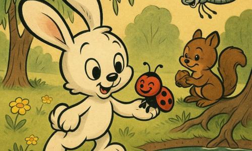 The main character is a small white plush rabbit with soft long ears and bright round eyes, curious and gentle, standing on tiptoe; a smiling red ladybug with black spots rests on its front paw like a quiet guide, a fluffy brown squirrel hides a hazelnut by a trunk on a root to the rabbit's right, a silver dragonfly with sparkling translucent wings hovers above a calm pond; the setting is a sunlit meadow at the edge of a forest with soft green grass, yellow flowers and daisies, a weeping willow to the left and a mirror-like pond reflecting the pink sunset to the right; the rabbit stands beneath the willow, head tilted and ears up, surrounded by friends and gazing dreamily at its reflection, creating a serene, hopeful atmosphere.