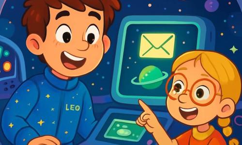 A smiling man named Leo is inside his spaceship, Star Gazer. He has messy brown hair, sparkling eyes full of curiosity, and wears a blue spacesuit with twinkling stars. He gazes in wonder at a screen displaying a mysterious message. Next to him, Ella, a 10-year-old girl with braided blonde hair and round glasses, excitedly points at the screen, her eyes shining with excitement. The spaceship is filled with colorful lights and futuristic instruments, floating in the vastness of space, surrounded by twinkling stars and colorful planets. The main scene shows Leo and Ella discovering a message from another planet, ready to embark on a new interstellar adventure.