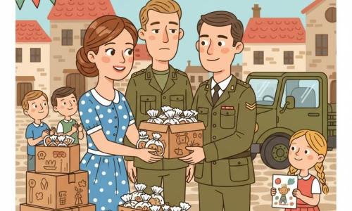 An emotional but smiling woman, Clara, with dark hair in a bun wearing a blue polka-dot dress, offers a large child-decorated box of packaged cookies to Captain Liam, a serious but kind olive-uniformed officer standing by a small military truck, while Oliver, her returned soldier brother in a khaki uniform, watches tenderly from slightly behind and a 7-year-old girl, Emma, in a red dress holding a colorful drawing stands near a table piled with painted boxes on the village square with stone houses, red roofs, wooden benches and colorful banners; children applaud and the scene feels warm and hopeful despite the military presence.