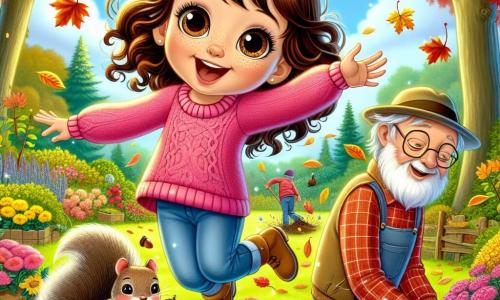 A 6-year-old girl named Lily, with big sparkling brown eyes and curly brown hair, is wearing a pink sweater and jeans. She is joyfully dancing in her garden, surrounded by colorful autumn leaves swirling around her, a big smile lighting up her face. Nearby, a small gray squirrel with a bushy tail is picking up acorns from the ground, watching Lily with an amused expression. Further away, an elderly man, Mr. Thompson, about 70 years old, with a white beard and a gardener's hat, is planting young trees, carefully bending down to dig the soil. The garden is filled with bright yellow flowers and tall trees with red and golden leaves, under a clear blue sky dotted with white clouds. The main scene shows Lily dancing with autumn leaves around her, while the squirrel and Mr. Thompson are busy in the garden, creating a joyful and magical autumn atmosphere.