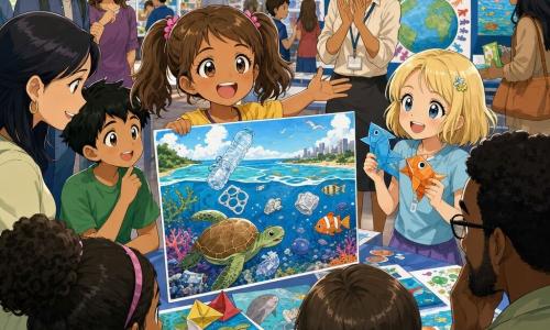 Die Hauptfigur ist ein etwa achtjähriges Mädchen, fröhlich und stolz, braune Zöpfe, große glänzende Augen, das ein großes buntes Plakat über Plastik im Meer mit Bildern von Fischen und Flaschen zeigt; rechts davon steht Emma, ebenso ca. acht, blond und kurzhaarig, die Papiermodelle von Fischen hält; Frau Müller, eine freundliche Lehrerin (ca. 35–45) mit zusammengebundenen dunklen Haaren, beobachtet und klatscht im Hintergrund; Schauplatz ist die Aula, als Ausstellung mit Tischen voller Poster, Papiergirlanden und Informationstafeln bei warmem Licht, Eltern schauen und fragen; die Szene zeigt das Mädchen, wie sie lebhaft mit Gesten erklärt, wie man Plastik reduziert, umgeben von aufmerksamen Schülern und Besuchern, in einer hellen, optimistischen und kooperativen Atmosphäre.