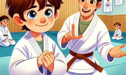 Un niño de 10 años, llamado Mateo, está en el centro de la imagen, con un gi de judo blanco, una sonrisa tímida pero decidida en su rostro. Tiene el cabello castaño desordenado y ojos brillantes de curiosidad. Mateo está en posición de combate, listo para ejecutar una técnica de judo, con las manos firmemente posicionadas. A su derecha, Lucas, otro niño de 10 años, muestra una técnica con entusiasmo. Tiene el cabello rubio y una gran confianza en su sonrisa, también lleva un gi de judo. Lucas se inclina ligeramente hacia adelante, gesticulando para explicar a Mateo. Al fondo, un dojo luminoso con paredes de madera clara y tatamis azules, donde otros niños entrenan, creando una atmósfera dinámica y alegre. La escena representa el momento en que Mateo y Lucas se preparan para enfrentar un desafío en un torneo de judo, capturando la emoción y el espíritu de equipo que los une.
