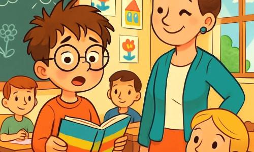 Ein 8-jähriger Junge, Max, steht vor seiner Klasse, mit zerzausten braunen Haaren und runden Brillen, die ihm von der Nase rutschen. Sein Gesicht zeigt leichte Nervosität, seine Wangen sind gerötet und seine Augen strahlen vor Aufregung und Besorgnis. Er hält ein buntes Buch in den Händen, bereit, seine Geschichte zu erzählen. Neben ihm lächelt seine Lehrerin, Frau Müller, eine Frau in den Vierzigern mit braunen, hochgesteckten Haaren, ihn ermutigend an. In der Klasse sieht man seine Mitschüler, darunter seine beste Freundin Anna, ein 8-jähriges Mädchen mit geflochtenen blonden Haaren, die ihn mit einem begeisterten Lächeln anfeuert, während sie an ihrem Tisch sitzt. Die Szene spielt in einem hellen Klassenzimmer, geschmückt mit bunten Zeichnungen an den Wänden und Fenstern, die Sonnenlicht hereinlassen. Die Holztische sind in Reihen angeordnet, und an der Vorderseite des Raumes befindet sich eine Tafel, auf der Worte und Zeichnungen kritzeln. Max steht in der Mitte, bereit, sein Buch zu präsentieren, während seine Mitschüler aufmerksam zuhören, was eine Atmosphäre der Unterstützung und Ermutigung schafft. Die spürbare Emotion in der Luft ist eine Mischung aus Aufregung und Nervosität, die den Mut von Max zeigt, sich seiner Angst vor dem öffentlichen Sprechen zu stellen.