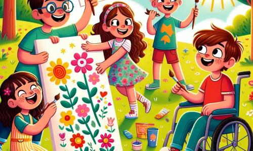 Em um parque ensolarado, quatro crianças se reúnem para celebrar a primavera. Pedro, um menino de nove anos com cabelo castanho e óculos, sorri alegremente segurando uma grande folha de papel onde pinta uma árvore colorida. Sofia, uma menina de nove anos com cabelos longos e cacheados, usa um vestido florido e segura um pincel, pronta para adicionar flores à tela. João, um menino de nove anos com cabelo loiro e uma camiseta vermelha, está sentado na grama, rindo enquanto mostra um desenho de sol sorridente que acabou de terminar. Lucas, um menino de nove anos com cabelo castanho e uma cadeira de rodas, sorri segurando uma paleta de tinta, incentivando seus amigos a continuar a obra. O parque está cheio de flores coloridas, árvores verdes e um céu azul brilhante, criando uma atmosfera alegre e vibrante. As crianças estão pintando um grande mural de primavera, celebrando a beleza da natureza e sua amizade, com risadas e vozes que ecoam no ar fresco e perfumado.