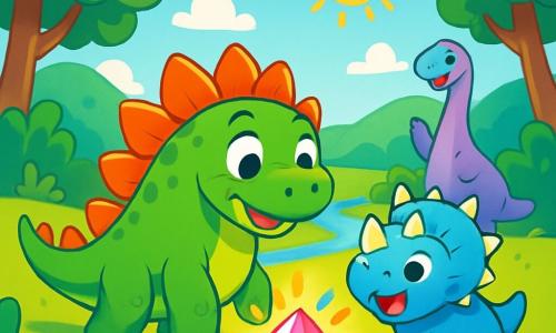 Stégosaurus o imieniu Stigi, z jaskrawą zieloną skórą i pomarańczowymi płytkami grzbietowymi, stoi w centrum sceny z błyszczącymi oczami pełnymi zachwytu i szerokim uśmiechem na twarzy. Obok niego skacze mały triceratops o imieniu Trix, z niebieską skórą i białymi rogami, jego oczy iskrzą się radością. W tle mała diplodocja o imieniu Dippy, z pastelową fioletową skórą i długą szyją, patrzy na nich z podziwem, unosząc przednie łapy, jakby klaskała. Scena rozgrywa się w zielonej dolinie, otoczonej dużymi drzewami o bujnych liściach, a przez krajobraz wije się lśniąca rzeka. Niebo jest jasnoniebieskie, usiane puszystymi białymi chmurami, a słońce świeci delikatnie, tworząc radosną i jasną atmosferę. Stigi, Trix i Dippy odkrywają tajemniczy, lśniący kryształ w centrum doliny, który emituje kolorowe światła, przyciągając ich uwagę i napełniając ekscytacją oraz ciekawością.