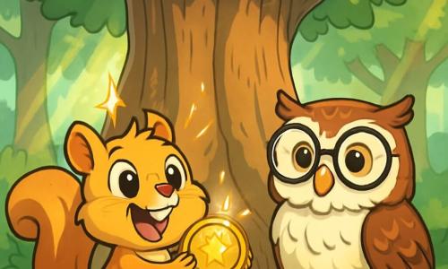 A little squirrel named Nutmeg, with golden-brown fur and a bushy tail, expresses great excitement with his sparkling eyes and wide smile. He stands in front of a massive oak tree with gnarled roots, holding a sparkling golden medal in his tiny paws. Beside him, a wise owl named Willow, with white and brown feathers and large round glasses, looks at Nutmeg with pride, her eyes shining with wisdom. The setting is a sunny glade surrounded by majestic trees, with rays of light filtering through the green leaves. Nutmeg, with a racing heart, has just discovered a hidden treasure beneath the roots of the great oak, ready to share his adventure with his friends.