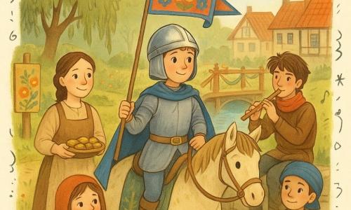 Sir Rowan, a small graceful young knight with a gleaming helmet, gentle smiling face and determined eyes, holds the colorful Memory Banner in one hand and lifts his cloak painted with trees with the other while standing on a cream palfrey. Mina, a potter in her 30s with braided hair and a clay-stained apron, offers biscuits on a tray and smiles from the left beside a wooden sign painted with flowers. Tomas, a messy-haired teenage flutist with a red scarf, sits on a low stone wall to the right playing flute with musical-note doodles floating around him. Alin, a shy 14-year-old apprentice wearing a turban with a small blue patch, stands near a newly built bridge holding a decorated plank, proud and bashful. A willow child, an about-8-year-old girl in a simple coat with rosy cheeks, grips the banner’s lower edge and smiles beside a weeping willow. Setting: a bright medieval riverside village with white half-timbered houses and red tile roofs, a large willow, a new wooden bridge decorated with ribbons and colorful clay pieces, hanging lanterns and wildflowers in the foreground. Main scene: a spring parade begins with the banner leading a joyful procession of villagers; warm colors, golden morning light, kind expressions, fluid movement, visible textile motifs (stars, flowers, blue patch) and textures (wood, fabric, clay), with small doodle overlays (music notes, stars, leaves) to enhance the childlike atmosphere.